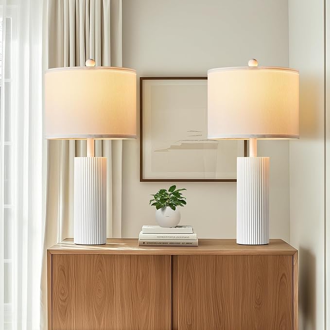 24.5" White Lamps Set of 2, Modern Table Lamps for Living Room with USB C+A Ports, Creative Stripe Touch Lamps for Nightstand, 2 Bulbs Included