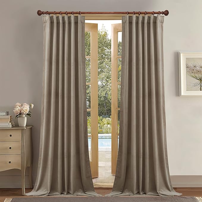 StangH Camel Beige Velvet Curtains for Bedroom Back Tab Thermal Insulated Light Reducing Window Drapes Heavy Duty Privacy Drapes for Dining Room, W52 x L92, 2 Panels