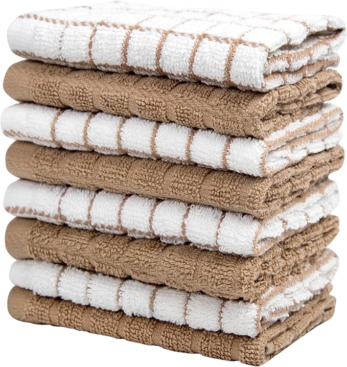 Bumble Dish Cloths (8 Pack) - 100% Cotton Dish Rags & Kitchen Washcloths for Washing Dishes | 12" x 12" | 405 GSM | Tan