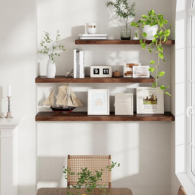 55 Inch Floating Shelves Set of 2, Rustic 55 x 9.3 Floating Shelf for Wall, 9.3 Inch Deep Wall Shelves Invisible Bracket, Large Deep Shelving for Bedroom, Kicten, Living Room, Walnut Color