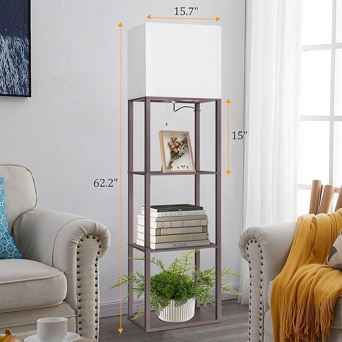 Dott Arts Floor Lamp with Shelves, Wide Floor Lamps for Living Room Display Shelf Lamps with 3 Color LED Bulb,Storage Wood Modern Floor Lamp for Bedroom Standing Lamp for Living Room Office（Walnut）