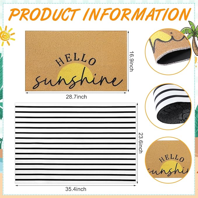 2 Pcs Door Mat Yellow Welcome Non Slip Coir Mats Stripe Floor Layering Doormats Seasonal for Front Porch Entryway Decor(Sunshine)