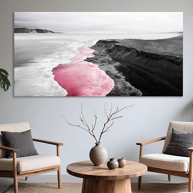 YCPRIMER Pink Canvas Wall Beach Black and White Picture for Living Room Largre Artwork for Wall Coastal Ocean Seascape Painting bedroom Wall Decor Above Bed 29×58IN