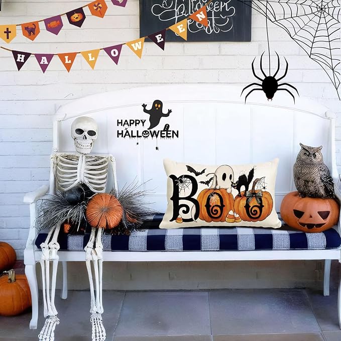 Baccessor Halloween Pillow Cover 12x20 Inch, Boo Ghost Spooky Lumbar Pillow Case Halloween Decor for Cushion Sofa Couch Indoor Outdoor Decoration 1 Piece