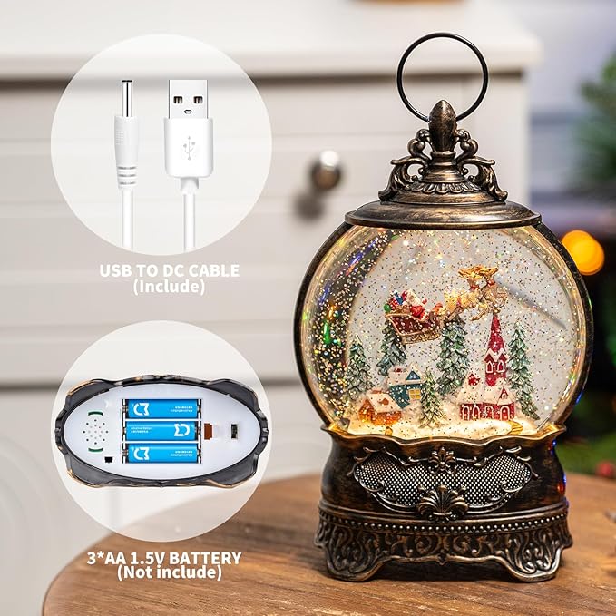Christmas Village Snow Globe Lighted Flying Santa Scene, Musical Snow Water Lantern Swirling Glittering Home Decoration and Gift, Battery Operated or USB Powered