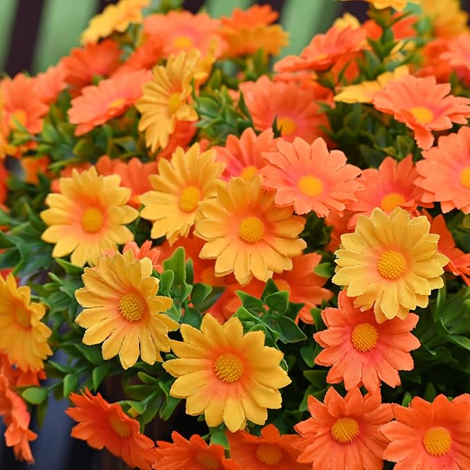 Artificial Fake Flowers Plants for Outdoor Decoration, Faux Flower Yellow Orange Daisy with Eucalyptus Leaves for Planter Front Door Porch Patio Balcony Decoration, 10 Bundles