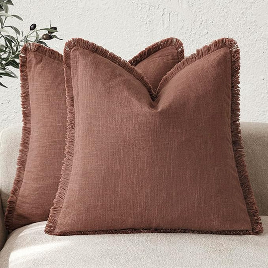 Foindtower Set of 2 Decorative Linen Fringe Throw Pillow Covers Boho Farmhouse Cushion Cover with Tassels Soft Accent Pillowcase for Couch Chair Sofa Bed Living Room Home Decor,24×24 Inch,Rust Red