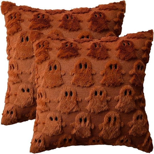 AVOIN colorlife Halloween Ghost Caramel Throw Pillow Cover Set of 2, 16 x 16 Inch Soft Plush Faux Fur Jacquard Spooky Cushion Case Decoration for Sofa Couch