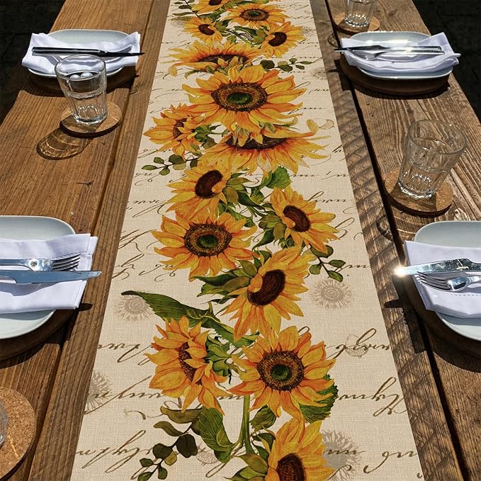 Seliem Fall Sunflowers Table Runner, Vintage Spring Summer Flower Home Kitchen Dining Decor, Seasonal Farmhouse Floral Decorations Indoor Outdoor Party Supply 13 x 90 Inch