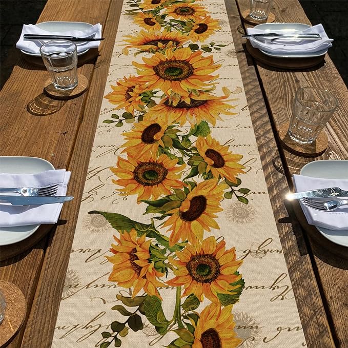 Seliem Fall Sunflowers Table Runner, Vintage Spring Summer Flower Home Kitchen Dining Decor, Seasonal Farmhouse Floral Decorations Indoor Outdoor Party Supply 13 x 36 Inch
