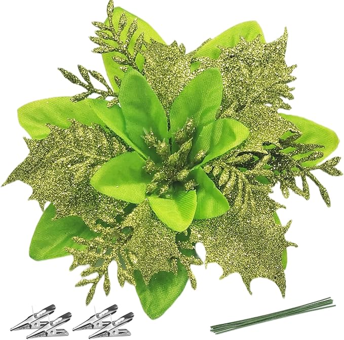 Christmas Poinsettia Artificial Flowers Decorations 5.5" Christmas Tree Wreaths Garland Decoration 12 Pcs Glitter Flowers Picks Decor for Xmas New Year Wedding Party Ornaments (Green)
