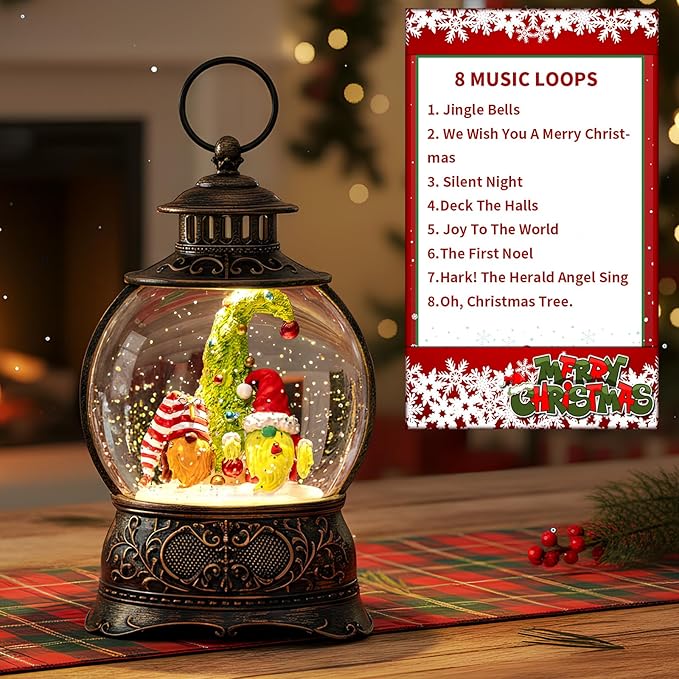 Christmas Snow Globe Lighted Gnomes Santa Elf Christmas Tree Scene, Musical Snow Water Lantern Swirling Glittering Home Decoration and Gift, Battery Operated or USB Powered