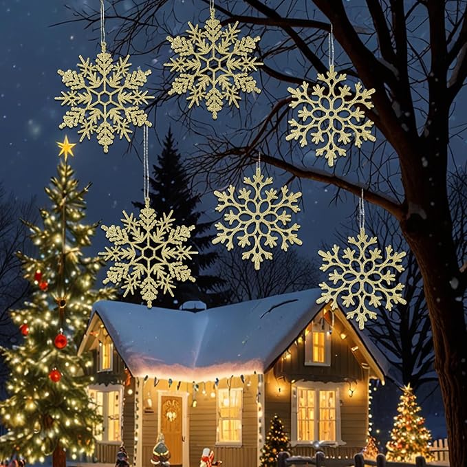 12pcs Large Christmas Snowflakes Decorations, 12" Big Plastic Glitter Gold Snowflake Ornaments for Winter Indoor Outdoor Christmas Tree Holiday Window Room Decor Craft Snowflakes