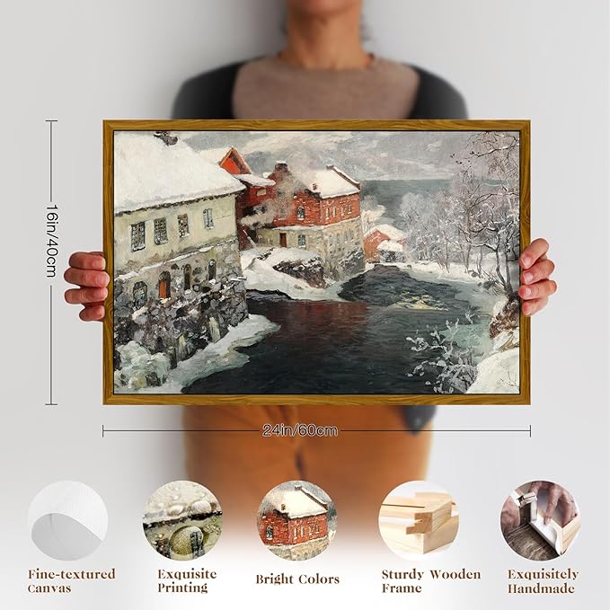 crmotu Framed Canvas Wall Art, Country Winter Scene Vintage Art Prints, Riverside Old Architecture Landscape Painting, Snow Scenery Rustic home Decor Living Room Bedroom, Farmhouse Wall Decor 16x24in