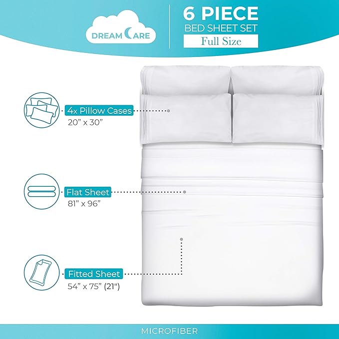 DREAMCARE Full Size Bed Sheet Set - Cooling, Extra Deep Pocket, 6pcs Set - Soft & Long Lasting 100% Fine Brushed Polyester - White, Includes Side Pocket
