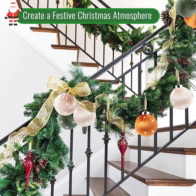 Christmas Tree Ornaments Set Velvet Balls, 12pcs Shatterproof Christmas Bulbs Ornaments for Xmas Tree Decorative Hanging, Vintage Flocked Decoration, 78mm, 3.1in, Multicolor Green Brown Neutral