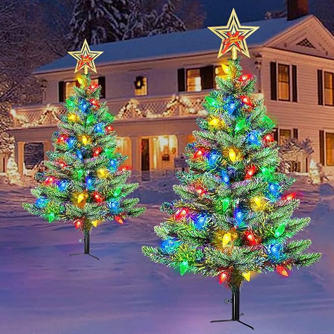 Upgraded Set of 2 Solar Christmas Tree, Outdoor Christmas Decorations,Prelit Xmas Tree w/ 100 LED Multi-color C6 String Lights for Outsdie Holiday Display Yard Front Porch Pathway Grave Cemetery Decor