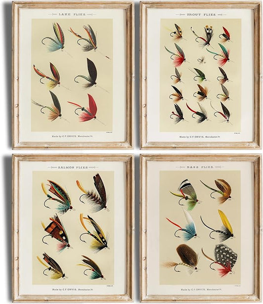Vintage Fly Fishing Art Prints (Set of 4) - Unframed - 11x14 | Great Gift for Fisherman - Reproductions of Vintage Fishing Lure Drawings - Rustic Decor
