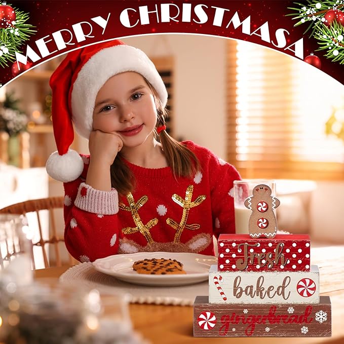 Geelin 4 Pcs Wooden Christmas Tabletop Decor Gingerbread Man Tiered Tray Decor Christmas Centerpiece Rustic Decorative Block Signs Gift Farmhouse Table Decoration for Home Kitchen