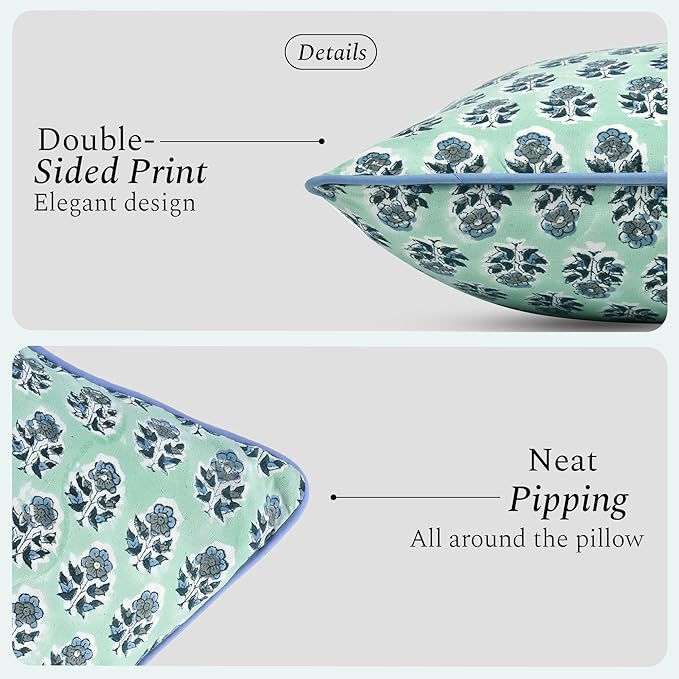 CPC 100% Cotton Throw Pillow Covers 20x20 Inch, Set of 2 Blue Block Print Pattern Couch Pillow, Cute Boho Decorative Pillows for Living Room, Bedroom with Hidden Zipper- Poppy Blue