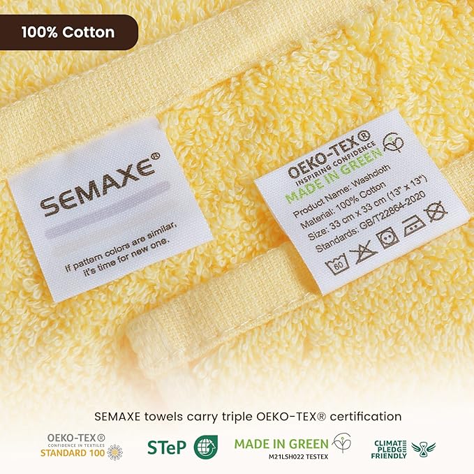 SEMAXE 100% Cotton Washcloths 12-Pack, 13 × 13 Inch Soft Yellow Face Towels – Super Absorbent & Quick-Dry, Premium Cloth with Hanging Loop, Oeko-TEX Certified, Gift-Ready Box