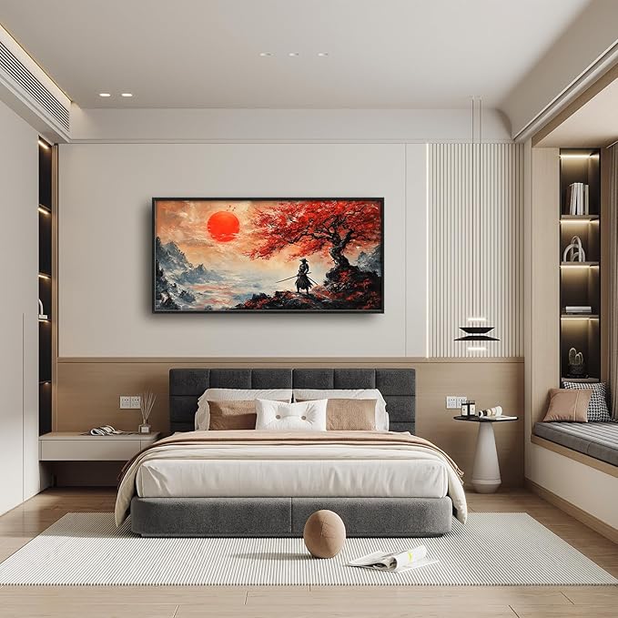 Flintis Large Samurai Framed Wall Art Japan Warrior Pictures Wall Decor Abstract Japanese Art Canvas Painting Print Artworks Decor Framed for Living Room Bathroom Master Bedroom Office 60L X 30W