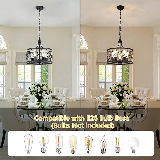 Black 15.74" Farmhouse Ceiling Light Fixture, Hight Adjustable, 5-Light Modern Industrial Metal Cage Pendant Lighting for Kitchen Island Dining Room Living Room and Entryway
