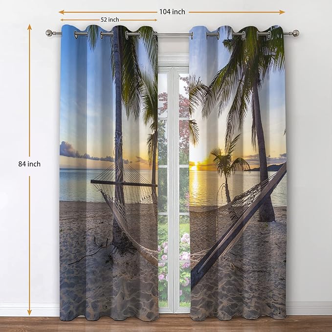 Jekeno Ocean Beach Palm Trees Blackout Curtains Sea Sky Sunshine Seascape Decor for Home Bedroom Living Room Grommet Window Drapes 2 Panel Set, 52"x84"