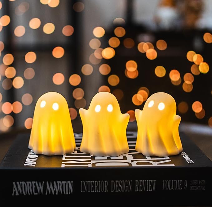 NEROSUN 3 Pack Cute Ghost Light Up Halloween Decor, LED White Ceramic Spooky Flameless Lanterns Decorative Light Fall Halloween Party Decoration for Home Bedroom Room Table Shelf