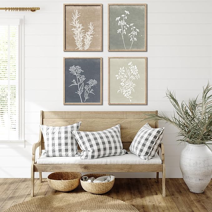 Framed Boho Wall Art Set of 4 for Wooded Minimalist Botanical Print Wall Art for Rustic Vintage Farmhouse Home Kitchen Wall Decor (Brown, 16"x20")