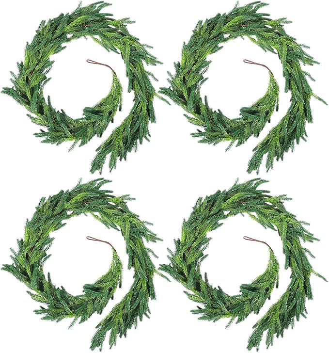 4 Pcs 6 Ft Christmas Norfolk Pine Garlands, Faux Pine Garland, Realistic Green Fake Greenery Garland for Christmas Table, Mantle, Wall, Indoor, Outdoor Holiday Winter Decorations (4, 6 FT)