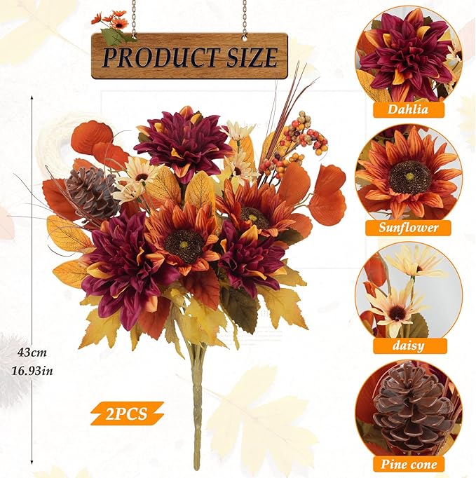 HUAESIN Artificial Fall Flowers Faux Sunflowers Bouquets Fake Peony Silk Dahlia Autumn Silk Floral Arrangements for Home Decor Indoor Living Room Kitchen Table Cemetery Grave Flowers