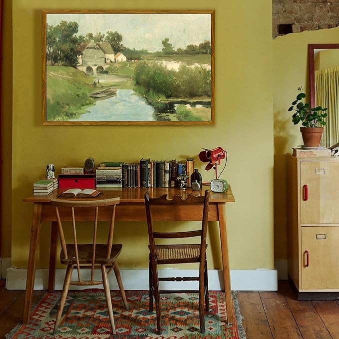 crmotu Vintage Framed Wall Art, Countryside Landscape Canvas Painting, River Cottage Green Scenery Art Prints, Bridge Boat Nature Rustic Farmhouse Wall Decor Living Room Bedroom Pictures 20x30in