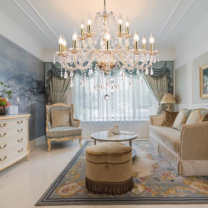 Panghuhu88 K9 Crystal Candle Chandeliers Lighting 15 Lights Pendant Ceiling Fixture Lamp for Dining Living Room Bedroom Hallway Entry Elegant Decoration (15 Bulbs)