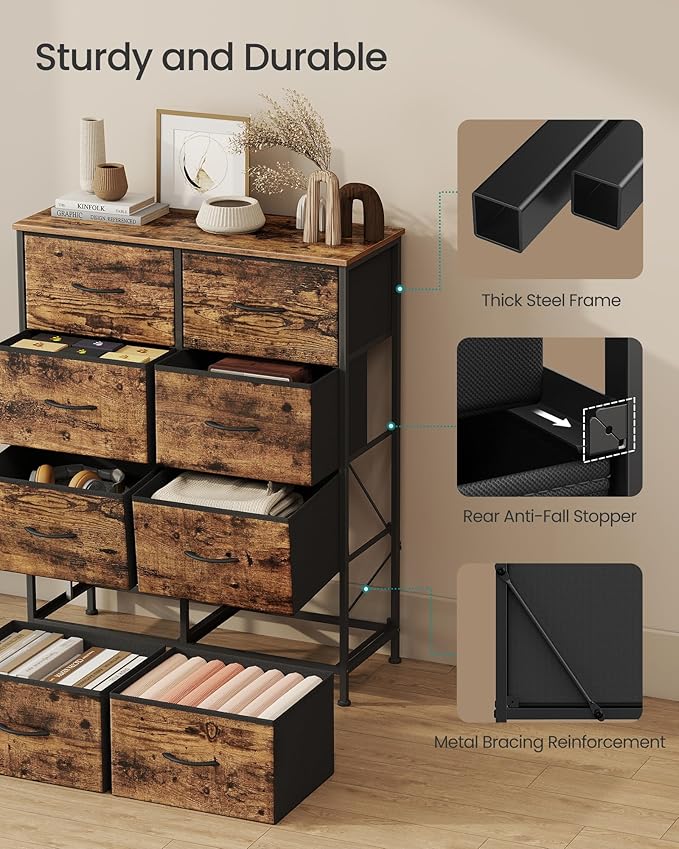 SONGMICS Dresser for Bedroom, Chest of Drawers, Steel, MDF, 8 Non-Woven Fabric Drawers, Storage Organizer Unit, Closet, Entryway, Rustic Brown and Ink Black LGS124B02S