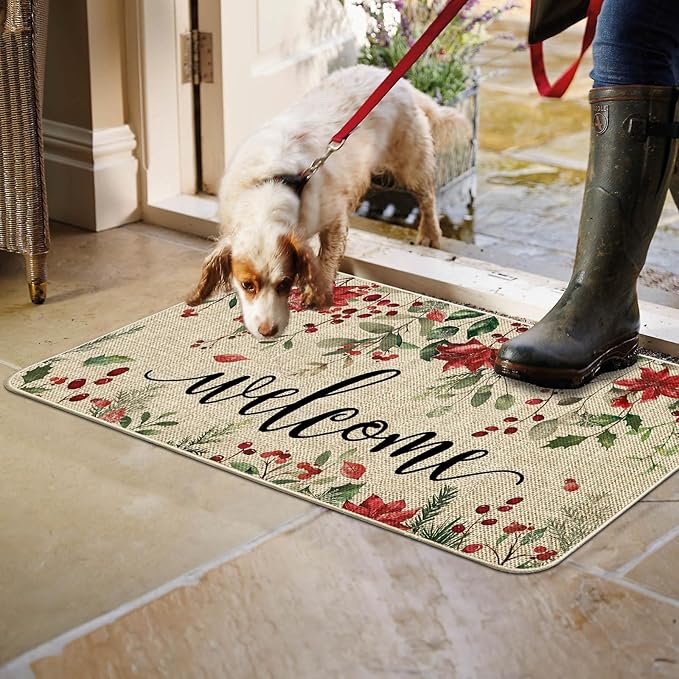 ORTIGIA Welcome Christmas Poinsettia Doormat Indoor Outdoor, Winter Holly Berry Patio Door Mats Non-Slip Durable Door Mat for Home Entrance, Outside Entry, Yard, Floor, Patio 17x29.5 Inch