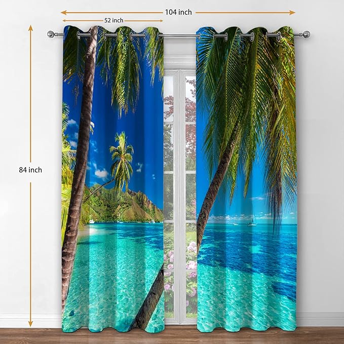Jekeno Ocean Palm Tree Blackout Curtains Tropical Beach Theme Clear Sea Island View Seaside Scenery Print Grommet Window Drapes Decor for Bedroom Living Room Blue 2 Panel Set, 52"x84"