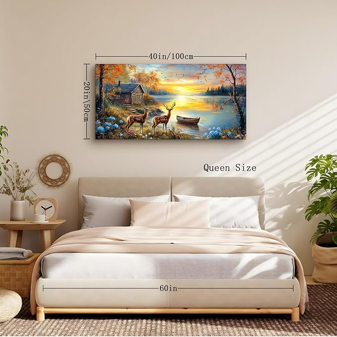 crmotu Animal Landscape Wall Art, Lake Sunset Scenery Large Artwork, Cottage Deer Flower Rustic Canvas Art Prints, Nature Autumn Scenic Paintings Wall Decor Living Room Bedroom Kitchen 20X40 In