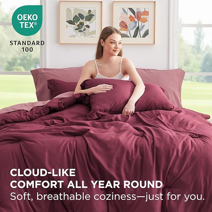 Bedsure Queen Comforter Set - 7 Pieces Burgundy Queen Bedding Set for All Seasons, Boho Contrasting Design Bed in a Bag with Comforter, Sheets, Pillowcases & Shams