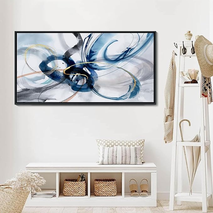 KLAKLA Large Wall Art for Living Room - Abstract Wall Decor Framed Picture Artwork for Wall Decorative Paintings Blue and White Modern Office Bedroom Art