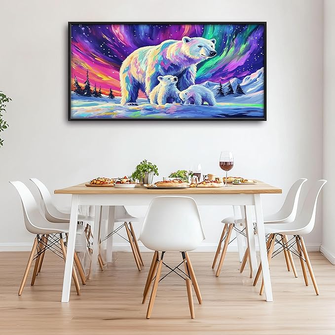 Polar Bear Large Wall Art for Living Room Framed, White Bear Wall Decor Pictures, Aurora Canvas Print Painting, Aesthetic Artwork Bedroom Office Home Decor 60"x30"