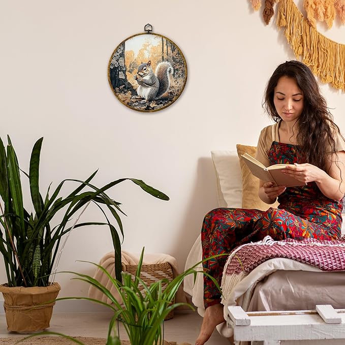 Mcehtle Vintage Fall Squirrel Wall Art Decor, Rustic Autumn Nature Forest Squirrel Framed Canvas Prints 10x10, Fall Wild Animal Farmhouse Round Wall Hanging Artwork Decorations for Home Bedroom