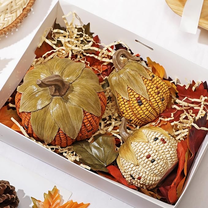 Briful Fall Corn Pumpkin Set 3PCS Resin Pumpkins Harvest Decorative Faux Corn Pumpkins for Home Thanksgiving Table Centerpiece Tray Display Indoor & Outdoor Autumn Decor