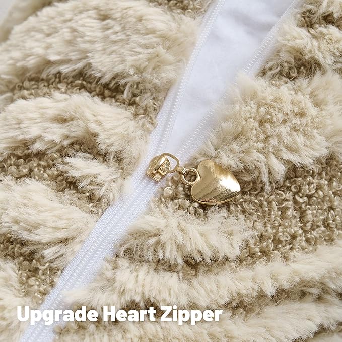 FUTEI Beige Decorative Throw Pillow Covers 16x16 Inch Set of 2,Soft Faux Fur Geometric Shapes Texture Cushion Case,Boho Home Decor for Couch Bed Living Room