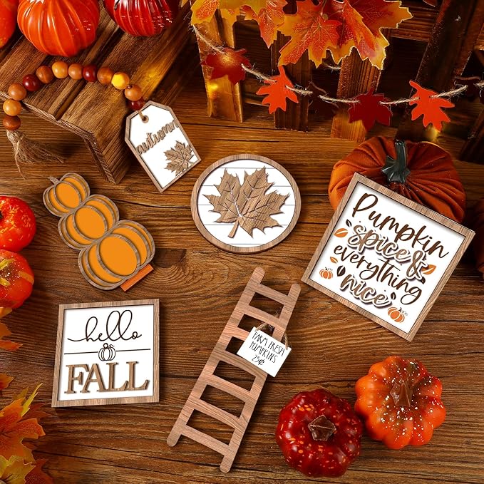 Maitys 13 Pcs Fall Tiered Tray Decor Set Thanksgiving Pumpkin Gnome Rustic Farmhouse Decoration Autumn Decor Autumn Harvest Decorative Trays Wooden Tabletop Signs for Home Kitchen(Rustic Style)