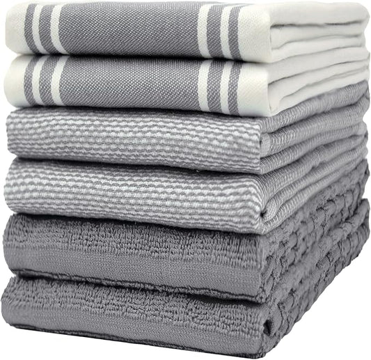 Premium Kitchen Towels (20”x 28”, 6 Pack) | Large Kitchen Hand Towels | Kitchen Towels Cotton | Flat & Terry Towel | Highly Absorbent Tea Towels Set with Hanging Loop | Wide Stripe Grey