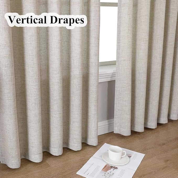 Dark Taupe Thick Linen Semi Sheer Pinch Pleated Curtains 96 Inches Long, 50 Inches Width, Modern Light Filtering Drapes Set of 2, Window Curtain with Hooks