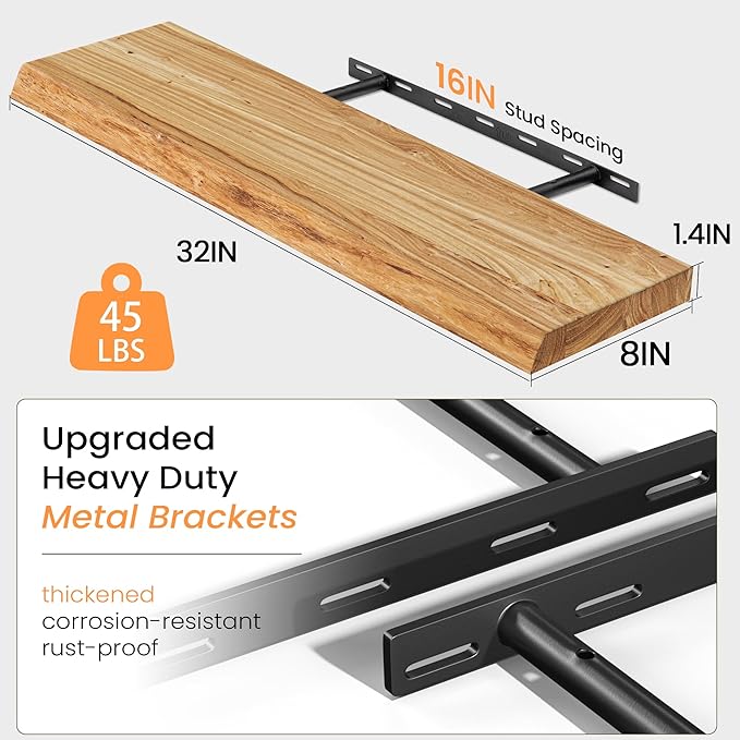 Fun Memories Floating Shelves for Wall Set of 2, Solid Elm Wood Wall Shelves 32 Inch - Invisible Bracket Mount, Deep Floating Shelf for Living Room Kitchen, Natural