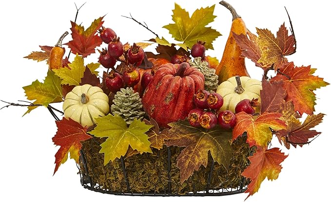 Nearly Natural Pumpkin, Gourd, Berry and Maple Leaf Artificial Arrangement 17 in. W x 12 in. D x 9 in. H