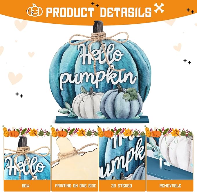 Soaoo Fall Decoration Wooden Fall Hello Pumpkin Sign Autumn Pumpkin Table Decor 11 Inch Wooden Autumn Desktop Ornament for Farmhouse Home Living Room Harvest Day Thanksgiving Decor(Blue)